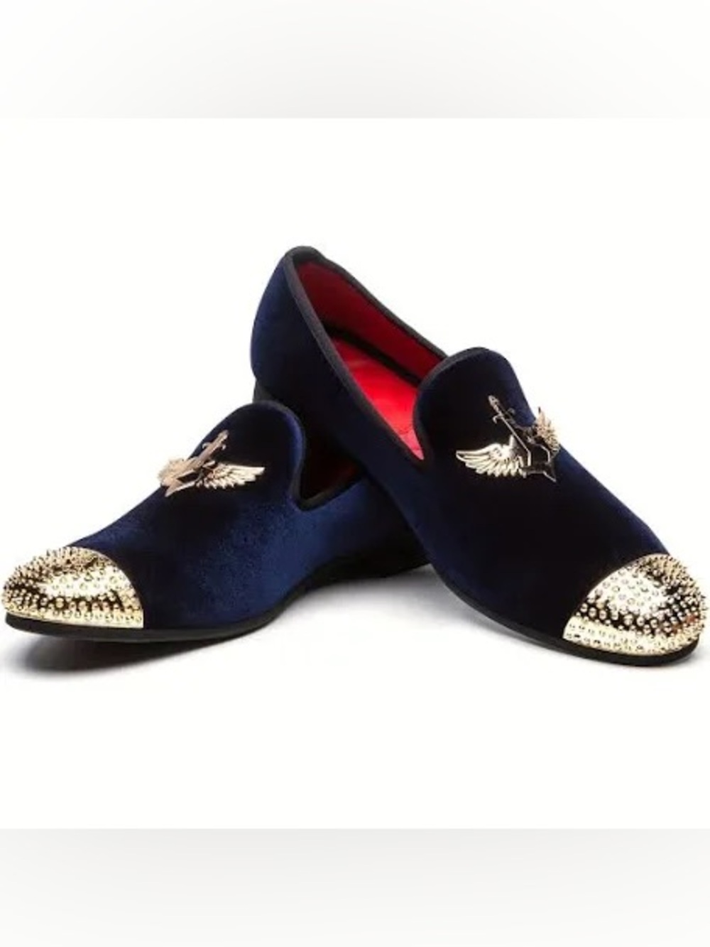 JITAI Men's Navy Blue Velvet Loafers - Gold Spiked Toe & Winged Sword Emblem
